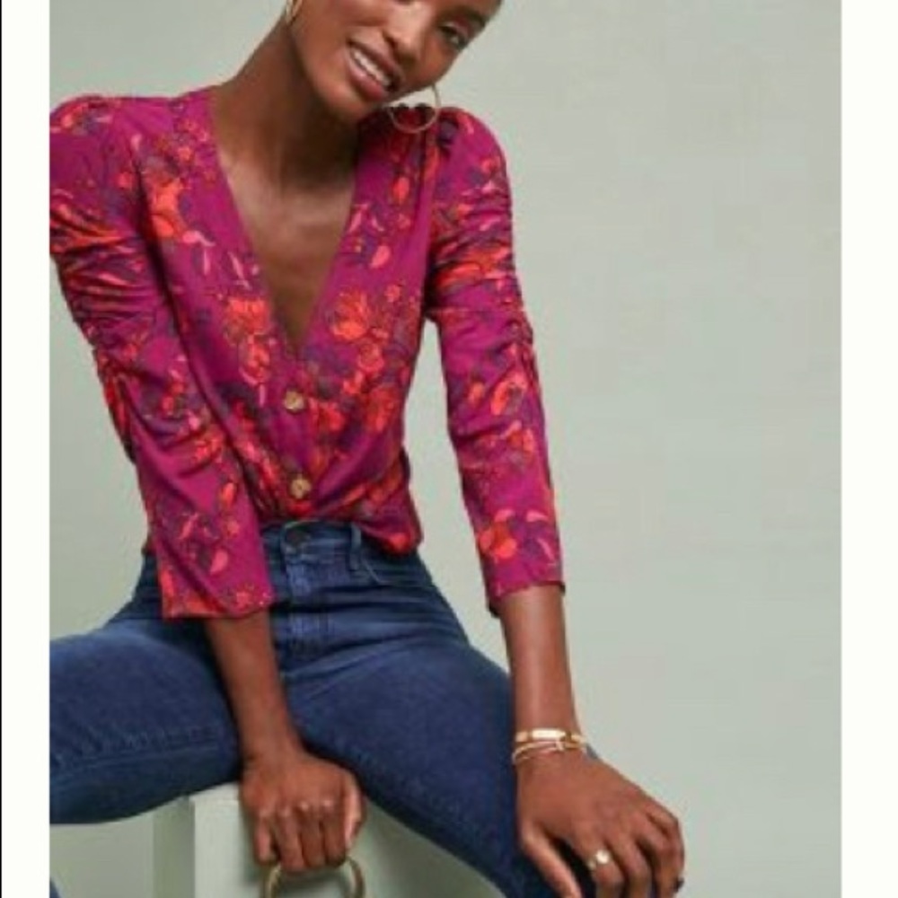 Anthropologie Maeve button shirt ruched sleeves